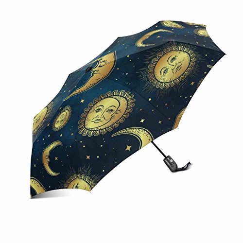 INTERESTPRINT Boho Celestial Bodies Gold Sun Moon and Stars Windproof Automatic Folding Travel