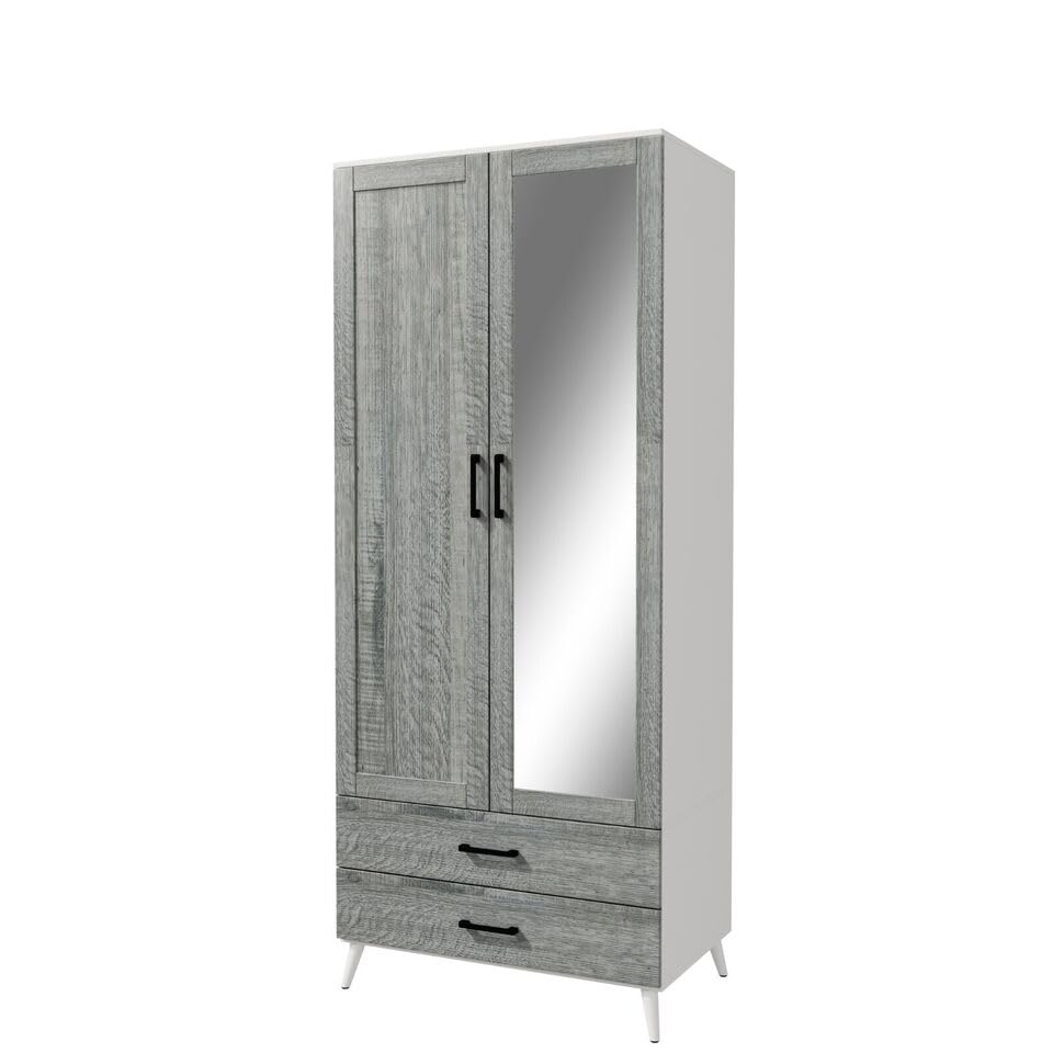 URBNLIVING 180cm Tall White Freestanding Mirror Wardrobe with Ash Grey 2 Door 2 Drawer Modern Shelf Clothes Storage Cupboards Unit for Bedroom Hanging Rail with Wooden legs