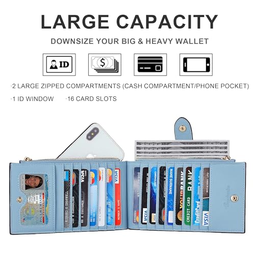 Image of Travelambo Womens Leather Bifold Wallet, Slim RFID Blocking Card Holder | Large Capacity, 16 Card Slots & ID Window, 2 Zipper Pockets, Dual Snap Closure, Slim Lightweight, RFID Privacy Protection