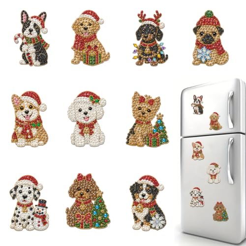 Christmas Fridge Magnet Craft Kit 10Pcs DIY for Adults | Magnetic Sticker Panels with Resin Diamond Beads Tool Set for Kitchen O