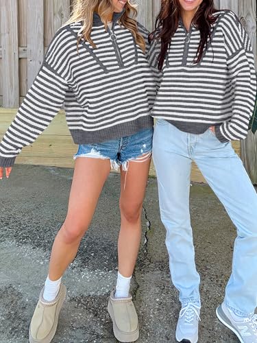 Image of ANRABESS Sweaters for Women Striped Half Zip Long Sleeve Ribbed Knit Pullover Comfy Casual Lightweight Tops 2026 Fall Fashion