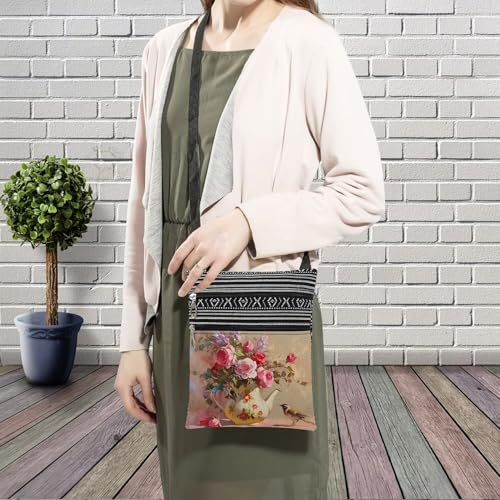 Oil Painting Floral Bird Messenger Bag Small Ethnic Pattern Printed Adjustable Strap Crossbody Zipper Bag Oil Painting Floral Bird Phone Bag Wallet Cute Shoulder Handbag for Women Friends -13