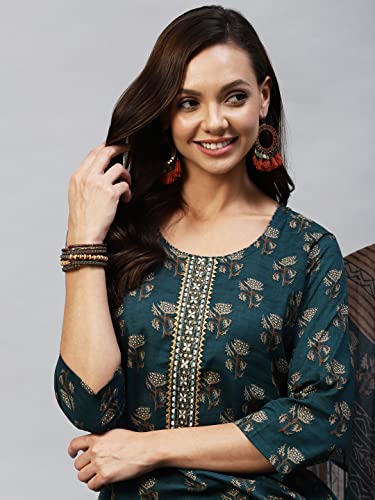 Image of GoSriKi Women's Cotton Blend Printed Straight Kurta With Pant