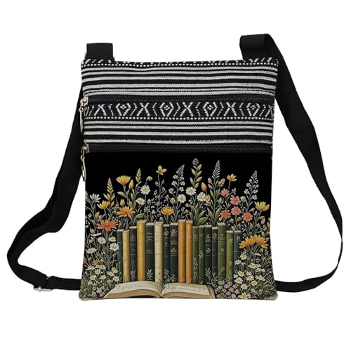 Floral Books Messenger Bag Small Ethnic Pattern Printed Adjustable Strap Crossbody Zipper Pouch Floral Books Phone Organizer Wallet Cute Shoulder Handbag for Women