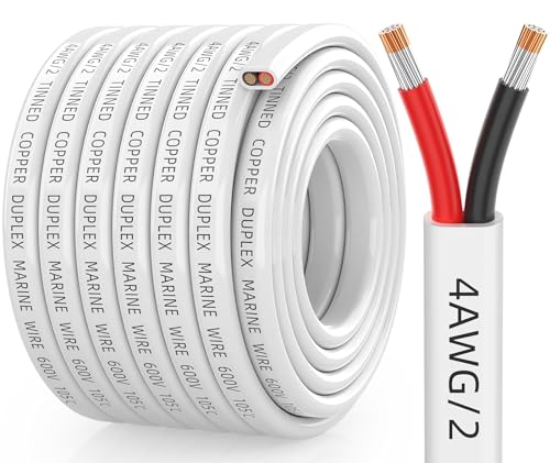 CONEPY 4 Gauge Marine Wire 4/2 Duplex Tinned Copper Marine Grade Cable IP68 Waterproof/Corrosion-Resistant PVC Stranded 4 AWG Wire for Boat Automotive Solar Trolling Motor Battery (30FT)