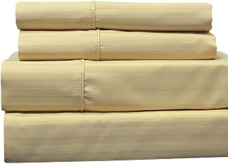 Royal Hotel Queen Sheets Set, 620 Thread Count Cotton Blend, Stripe, Gold | Striped Sheets, Smooth Sateen Bedding, Deep Pocket Fitted Sheet, Woven Stripe Hotel Style, Breathable Easy-Care Comfort