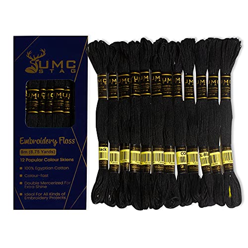 Image of 12 Pieces Black Colour Premium Embroidery Thread | 100% Egyptian Cotton Premium Skeins | Cross Stitch Embroidery Floss | Oeko TEX Certified Stranded Cotton (Black)
