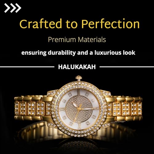 Halukakah Diamonds Watch Iced Out for Boy Teens Kids - 18K Real Gold/Platinum Plated, Gypsophila Rhinestones Round Dial, Japanese Quartz - 7.7" Length - Optional with Cuban Link Chain - for Birthday4