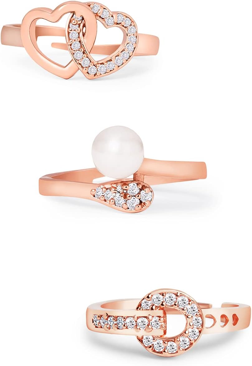 Set of 3 Rose Gold Contemporary Cubic Zirconia Brass Adjustable Rings For Women-ZPFK11176