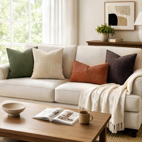 Image of MIULEE Fall Rust Decorative Lumbar Throw Pillow Covers 12x24 Inch for Couch Bed Sofa Pack of 2, Terracotta Farmhouse Earth Tones Home Decor, Soft Cross Corduroy Patchwork Textured Cushion Cases