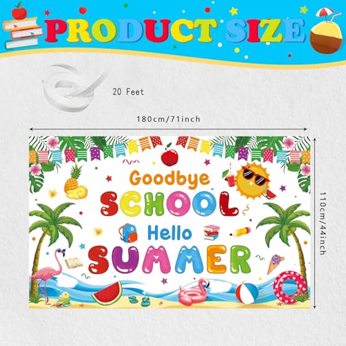 Goodbye School Hello Summer Banner, White School's Out for The Summer Backdrop End of School Background Bye School Hello Summer Decorations Banner, 71 x 43 Inch