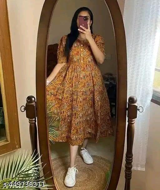 Image of Women's Rayon A-Line Midi Dress, Floral Print, Short Sleeves, Round Neck, Tiered Design