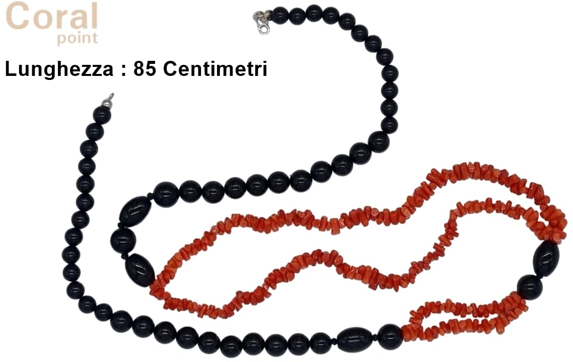 sicilia bedda - COLLANA IN CORALLO ROSSO DEL MEDITERRANEO e AGATA NERA - Gioiello Artigianale