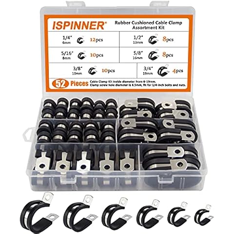 ISPINNER 52pcs Cable Clamps Assortment Kit, 304 Stainless Steel Rubber Cushion Pipe Clamps in 6 Sizes 1/4" 5/16" 3/8" 1/2" 5/8" 3/4" Cover