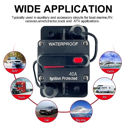 Xipupoo 40 Amp Circuit Breaker 12V - 48V DC with Manual Reset Switch Button for Boat Trolling Motor Marine ATV Trailer Vehicles Stereo Audio Electronic Battery Solar System Inline Fuse Waterproof