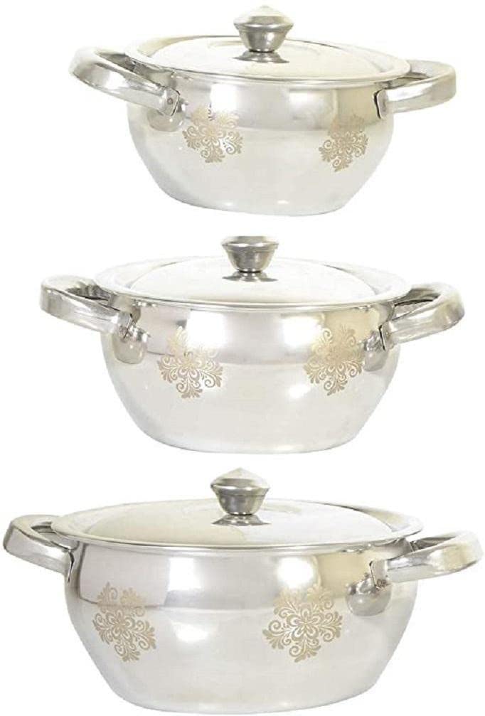 Nirvika Stainless Steel Handi Set with Lid Serving Laser Finished (Pack of 3-750 ML,1000 ML,1500 ML) Pot Pan