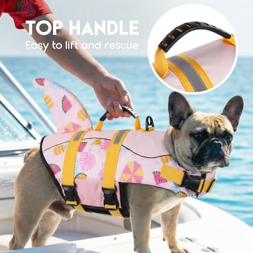 ASENKU Schwimmweste Hund, Hunde Rettungsweste zum Schwimmen, Bootfahren, Hunde Hai Schwimmwesten, Hunde Lebensretter Badeanzüge für Pool, Hunde Wasser Schwimmweste Sommerrosa S