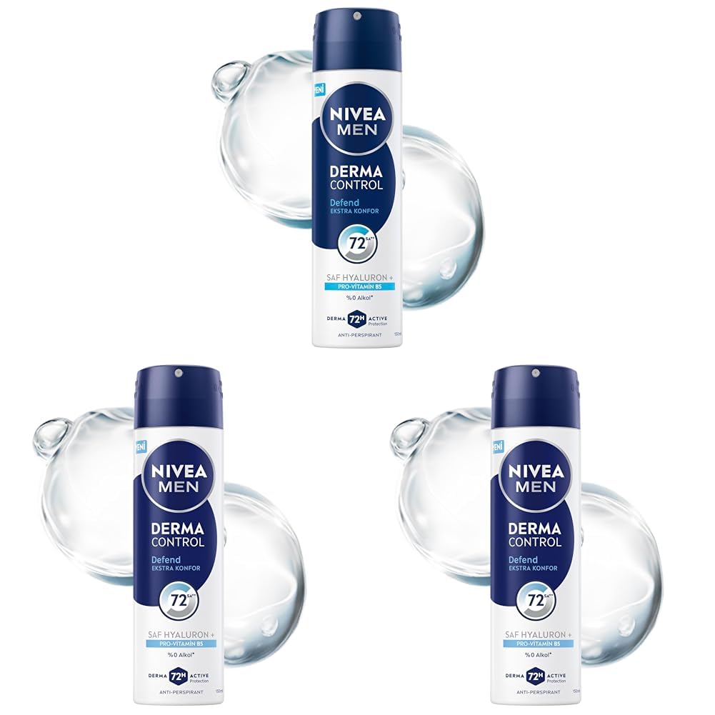 NIVEA MEN Erkek Sprey Deodorant Derma Control Defend 150 ml, 72 Saat Anti Perspirant Koruma, Tahrişe Karşı Koruma,Hyaluronik Asit, Pro Vitamin B5,Alkolsüz Formül (3 paketi)