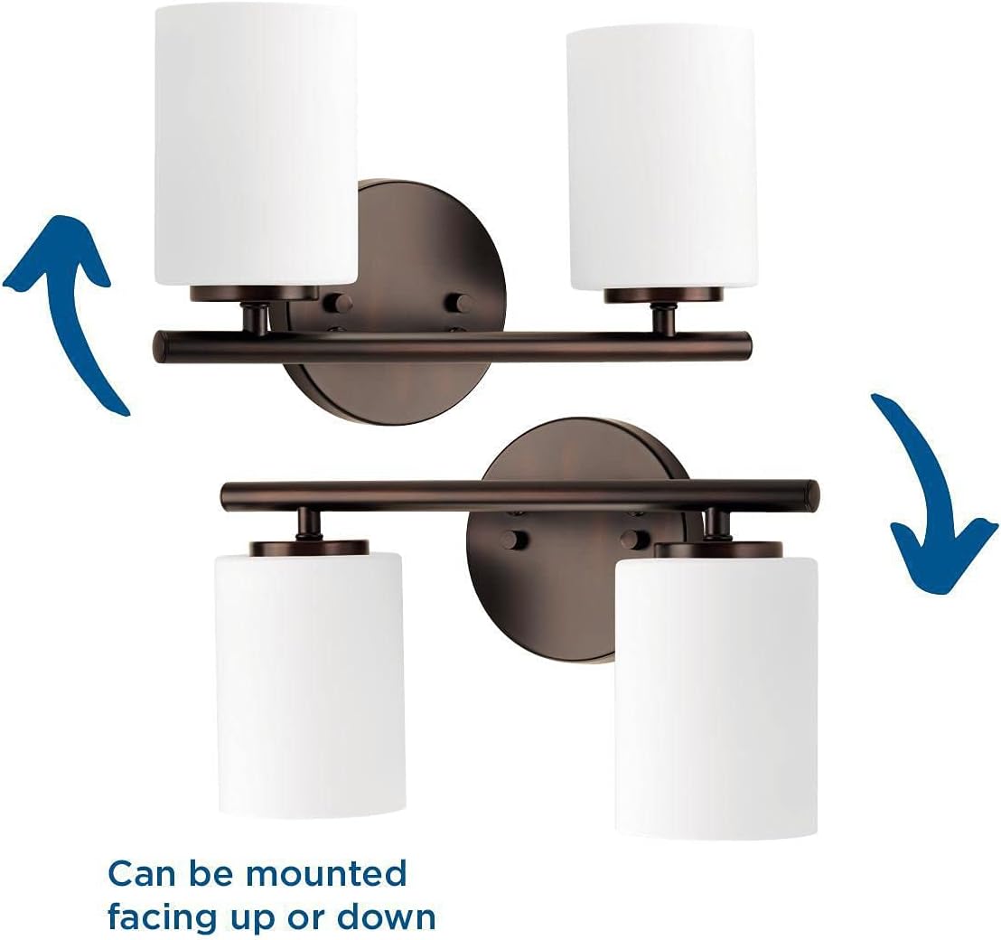 Progress Lighting Replay Collection 2 Light Bathroom Vanity Light, Modern Bath Lighting Fixture with Etched White Glass Shades for Over The Mirror, Reversible Mounting, Antique Bronze