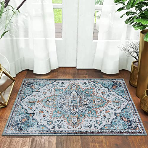 Morebes Ultra-Thin Boho Blue Bathroom Rug, Small 2X3 Throw Rugs Washable Kitchen Rug Persian Floral Rug, Distressed Non-Slip Area Rug Low Pile Indoor Door Mats For Entryway Bedroom #TOP4