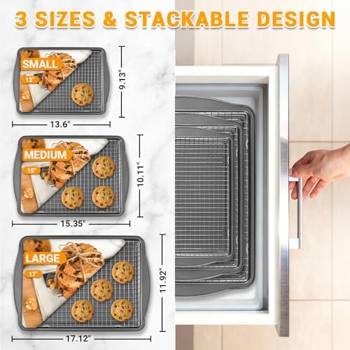 Baking Pan Set of 3 - Carbon Steel Baking Sheets with Cooling Racks, 13/15/17 Inch, Nonstick Cookie Sheets for Baking, Rust & Warp Resistant & Stackable, Nontoxic & Heavy Duty & Easy Clean - Thumbnail 3