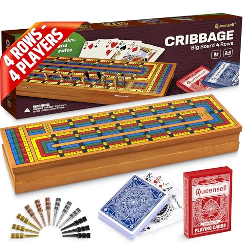 Cribbage Board Game Set with Storage Wooden 4 Track Cribbage Board for 24 Players with Metal Pegs & Playing Cards Classic Travel & Home Board Game