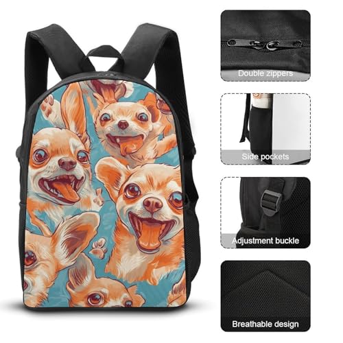 Happy Chihuahua Dogs Classic Backpack Lunch Bag Pencil Case 3 Piece Set Travel Daypack3