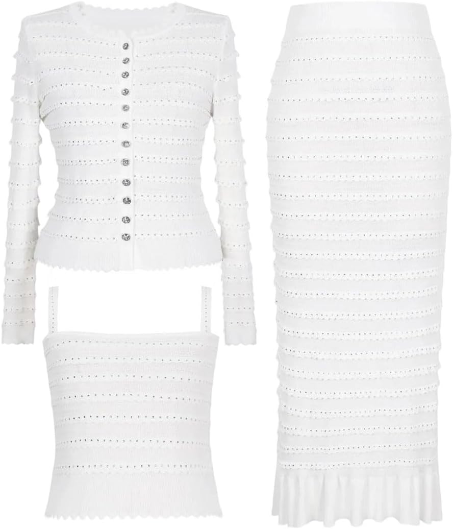 Women Knitted Top Cardigan Jacket with Suspender Vest Skirt Three Piece Suit