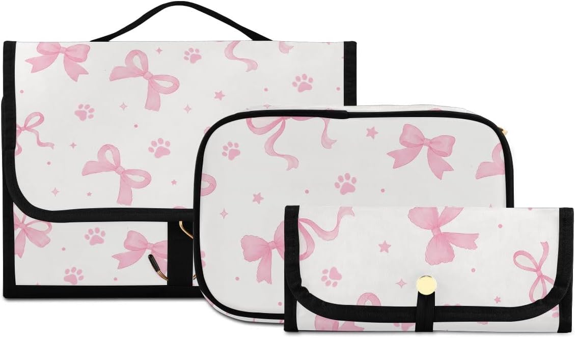 Pink Bows Hanging Travel Toiletry Bag Makeup Bag set Cosmetic Brush Pouch