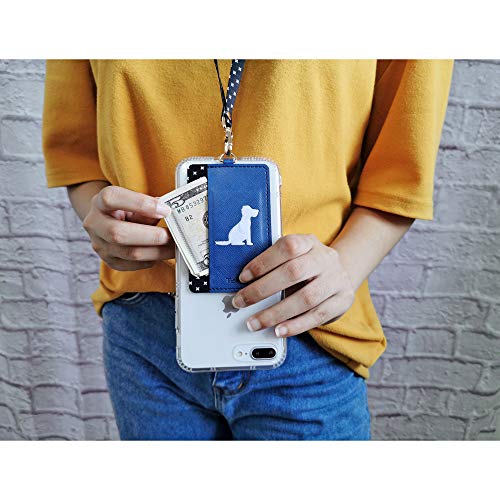 Image of Tainada Stick On Adhesive PU Leather Animal Silhouette Wallet Cash ID Credit Card Holder with Detachable Neck Lanyard Compatible with Most Smartphones + One Cord Wrapper (Navy Blue Dog)