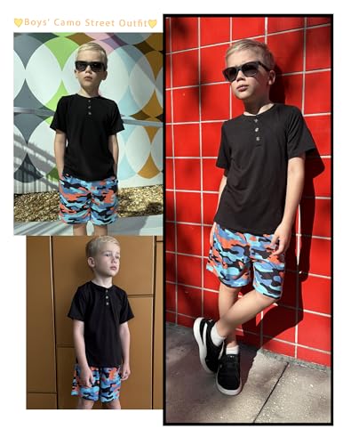 Image of Arshiner Boy's Textured Button Up Shirt and Shorts Set 2 Piece Summer Beach Outfit for 5~12 Years Kids