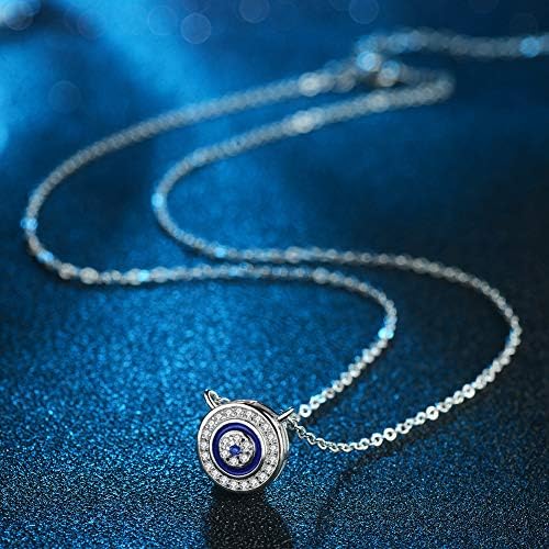 Round Blue Evil Eye Pendant Necklace Sterling Silver 925 Cubic Zirconia Adjustable Chain 16"+2" Extender