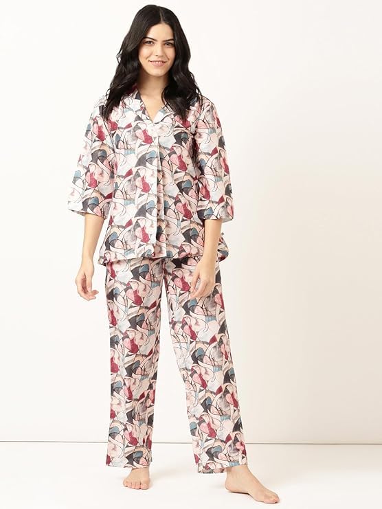 Image of STORIES OF BANNO'S SWAGGER Premium Poly Muslin Floral Co-Ord Set for Women | Soft Pajama Set | Elegant Printed Nightwear Lounge Outfit | Trendy Casual Wear Co-Ord Set
