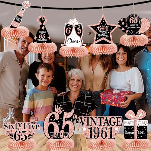 Image of 9Pcs 65th Birthday Decorations Honeycomb Centerpieces for Women, Rose Gold Pink Happy 65th Birthday Centerpieces Tables Toppers Party Decorations Supplies, Vintage 1961 Aged Table Sign Decor