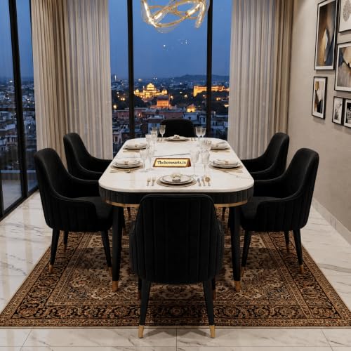 Image of The Homeartz 6-Seater Modern Wooden Dining Table Set | 1 Year Warranty | Created Italian Statuario Marble Top | Elegant Composite Marble Table with 6 Chairs (Black)