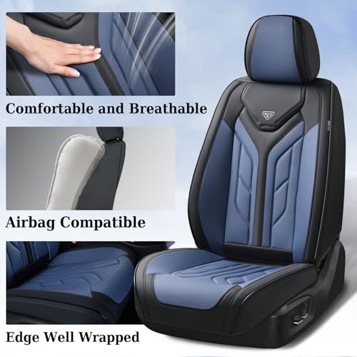 Image of Coverado Seat Covers, Car Seat Covers Front Seats, Leather Seat Covers for Cars, Automotive Seat Covers Car Seat Protector Car Seat Cushion Universal Fit for Most Sedans SUV Pick-up Truck(Black&Blue)