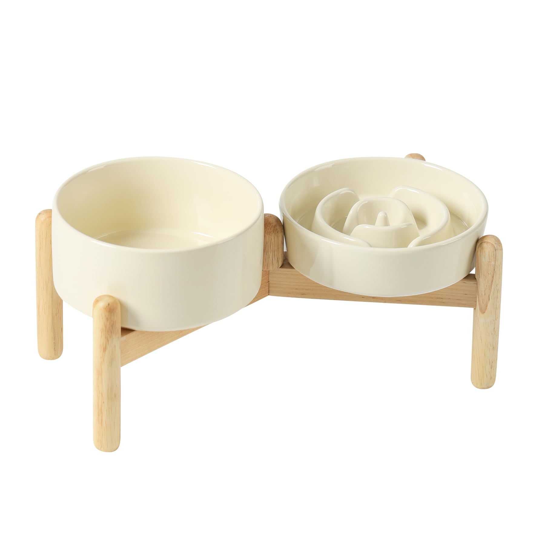 Havniva Ceramic 0.9 Cup Raised Slow Feeder Dog Bowl Set, Elevated 6.1inch Water Bowl and 6.1inch Slow Dish with Wooden Stand for Small Dogs (2 x Beige+ Stand)