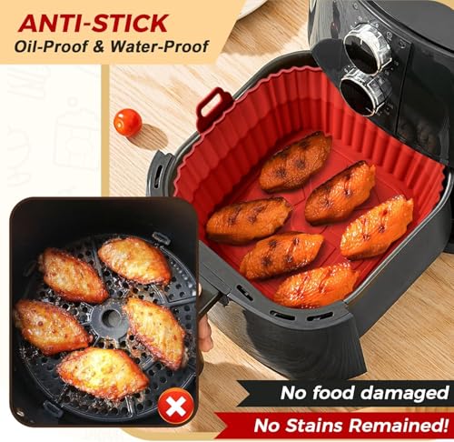 Image of Air Fryer Liners Pack of 3 - Square 8 Inch Silicone Air Fryer Liner, Reusable Baking Tray, Food Grade BPA Free, Heat Resistant 240C, Nonstick Pot with Handles, Fits 4-7 QT-Multicolor