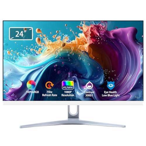 ERCGWOP 24 Inch Monitor, Full HD 1920x1080P LED PC Monitor IPS Display, Computer Monitor with HDMI VGA Port, Frameless, VESA Mountable, White