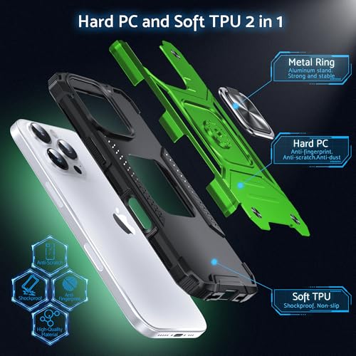 DASFOND for iPhone 16 Pro Case with Stand, Military Grade Full Body Protective Phone Case with 360° Rotatable Metal Ring Kickstand [Support Magnet Mount] Compatible with iPhone 16 Pro, Green by DASFOND - Image 2
