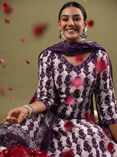 Image of INDO ERA Women's Pure Cotton Printed Straight Kurta & Pant with Dupatta Set