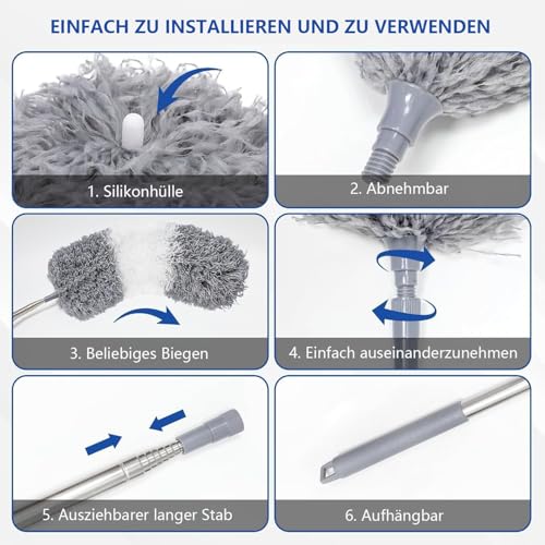 Staubwedel Teleskop Waschbar Mikrofaser Duster Lang Ausziehbar Bis 254cm,7 Stück Staubwedel Lang Ausziehbar,Staubmagnet Verbiegbare Staubfänger Spinnenwebenentferner für hohe Decken Deckenventilator