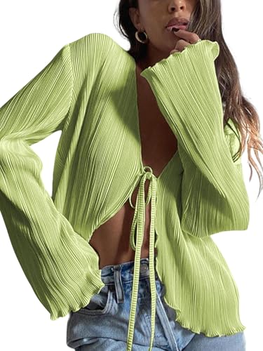 ZAFUL Women's Deep V Neck Tie Front Top Bell Long Sleeve Plisse Pleated Blouse Shirt Top