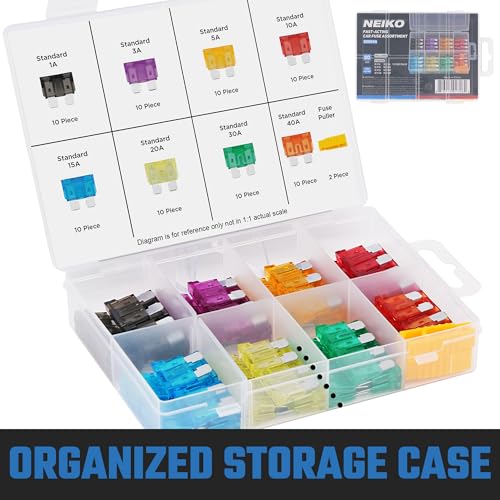 Image of NEIKO 50504A Car Fuses Assortment Set, 80pc, Fast Acting, Auto Fuses Kit, Standard Sizes, 1A, 3A, 5A, 10A, 15A, 20A, 30A, and 40 Amp, Marine Boat, Automotive, Motorcycle, RV, Car Fuse Kit, Fuse Puller