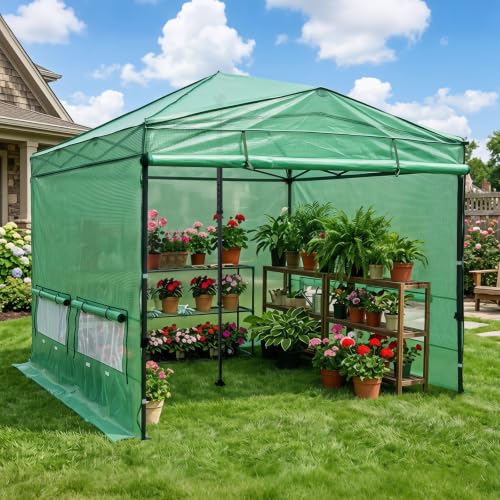 Image of EAGLE PEAK Instant Pop up Greenhouse, Indoor Outdoor Plant Gardening Green House with Interchangeable PE & Mesh Wall Panels - Winter Support Pole, Walk in 12x8 ft, Green /Clear