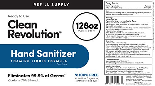 Clean Revolution Hand Sanitizer Refill Supply | Moisturizing & Quick-Dry | Kills 99.9% Germs | 70% Alcohol | Ready To Use | Unscented | 128 Oz (1 Gallon) #TOP5