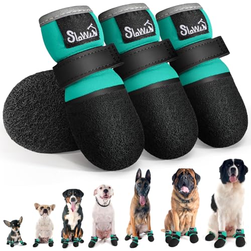 SlowTon Dog Shoes - Breathable Dog Sock Boots for Summer Hot Pavement Hardwood Floors Winter Snow, Waterproof Booties for Small Medium Large Dogs, Non-Slip Paw Protector for Outdoor Walking (Green, 1)