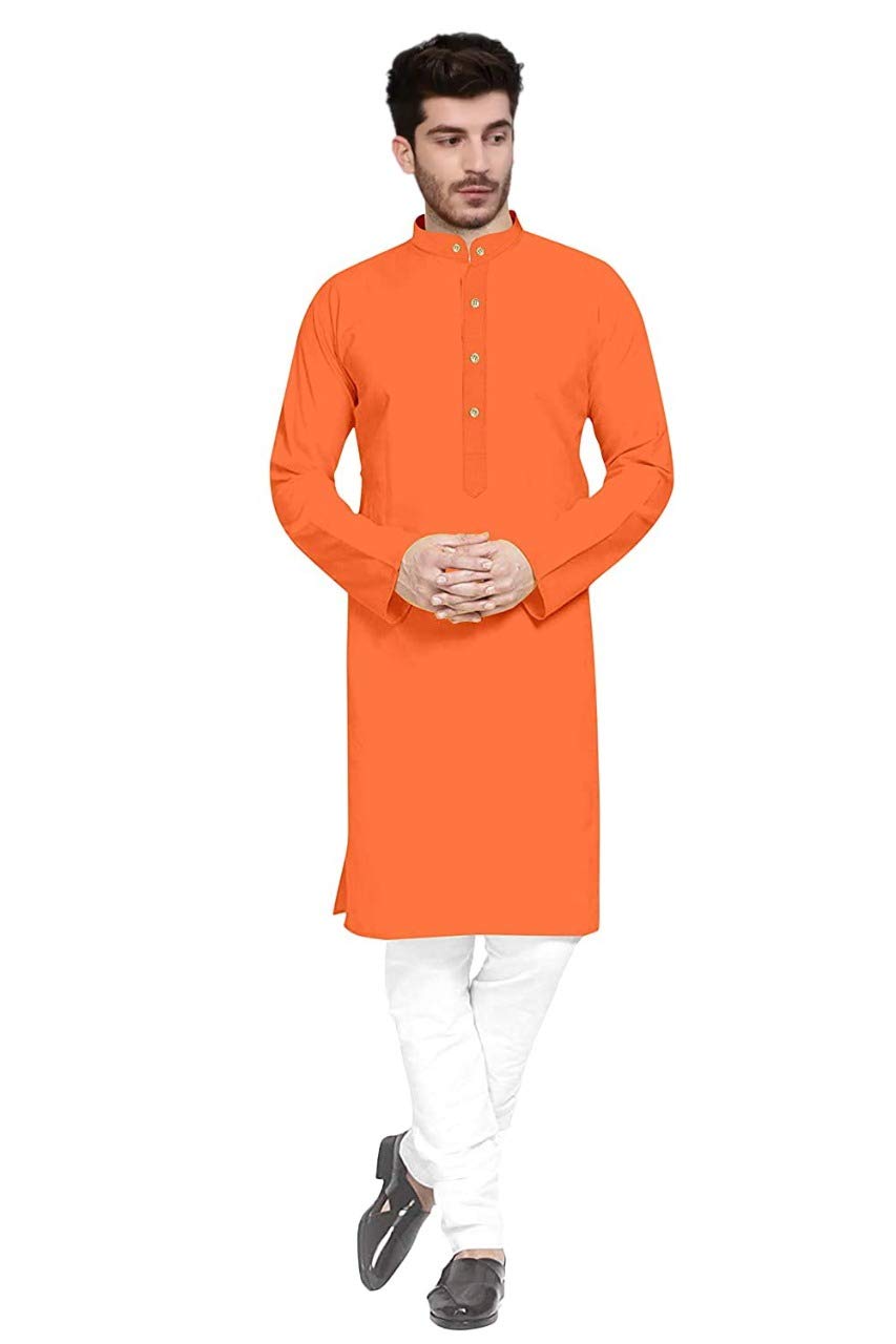Trustous Men's Solid Straight Kurta Pyjama Set (Large, Orange)