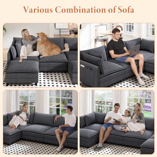 Image of Vesgantti 109 inch U Shaped Cloud Sectional Sofa, Comfy Corduroy Upholstered Sectional Modular Sofas for Living Room, Modern Modular Couch with 2 Ottoman Deep Seat, Grey