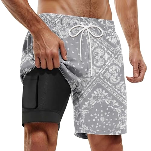 Mens Swim Trunks 7 Inch Graphic High Waist Aztec Print Inseam Board Shorts Trendy Swim Trunks with Compression Liner